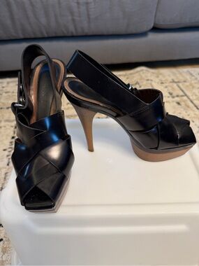 Black Leather Marni Peep-Toe Woven Platform Slingback Heels